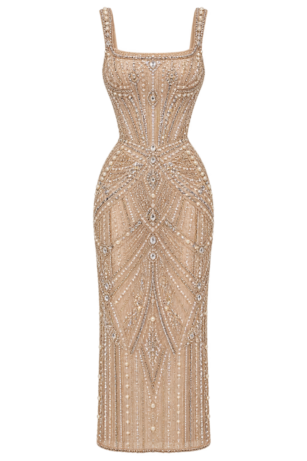 AI placeholder: champagne crystal-beaded women’s midi dress