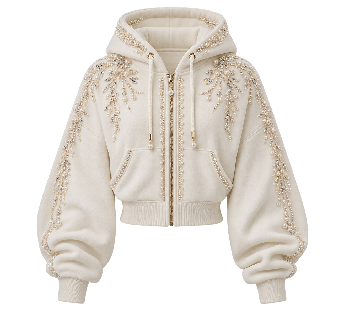 AI placeholder: ivory pearl-embellished women’s cropped hoodie