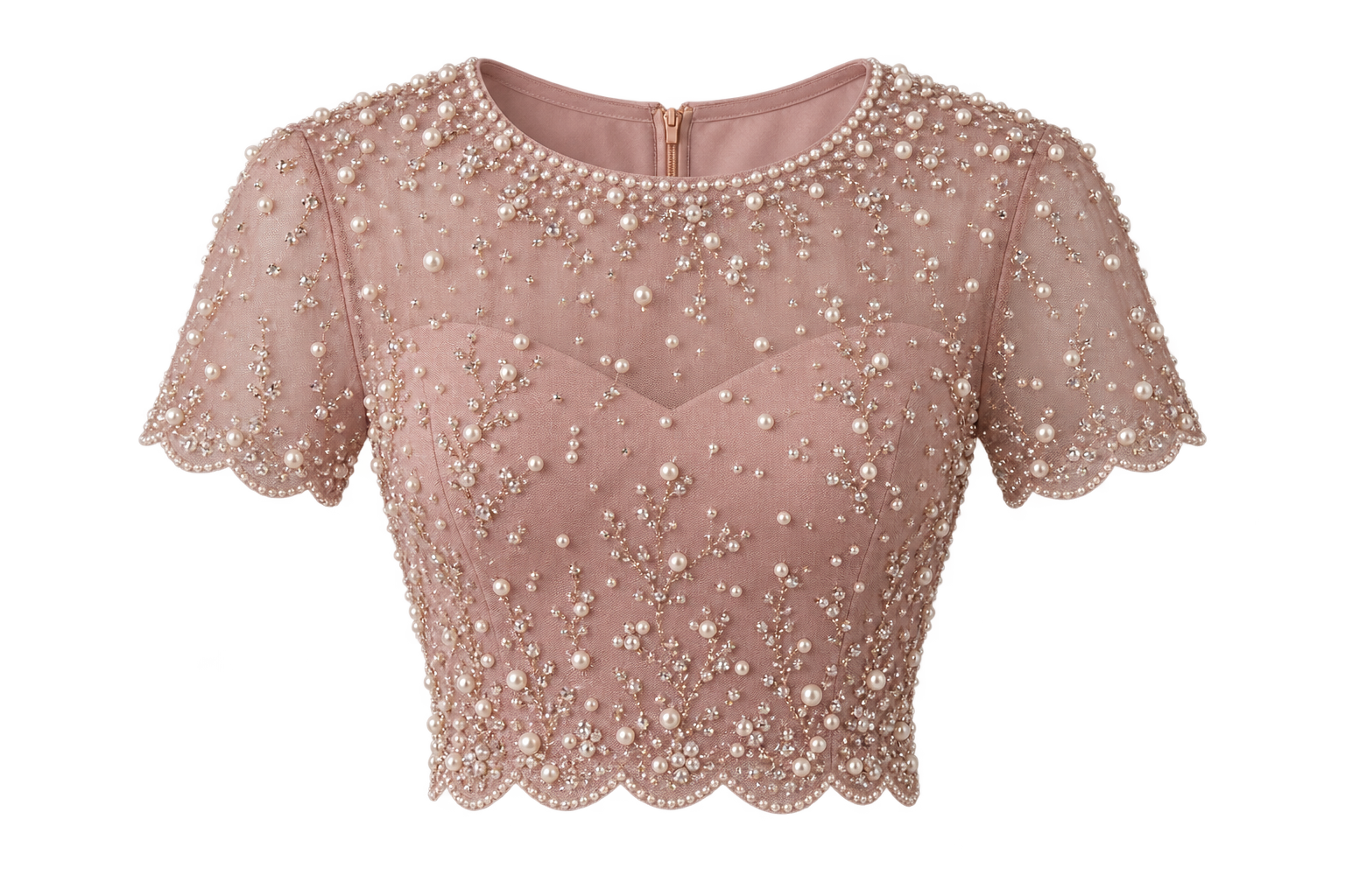 AI placeholder: blush pearl-embellished women’s statement top