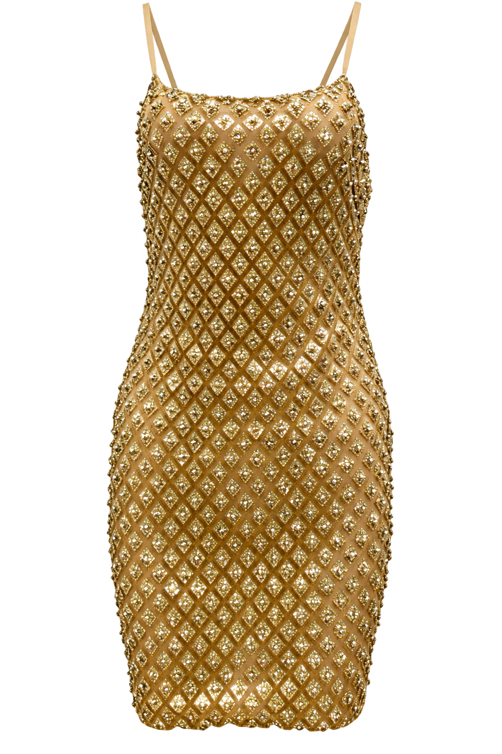 Gold crystal-beaded women’s dress on a transparent background