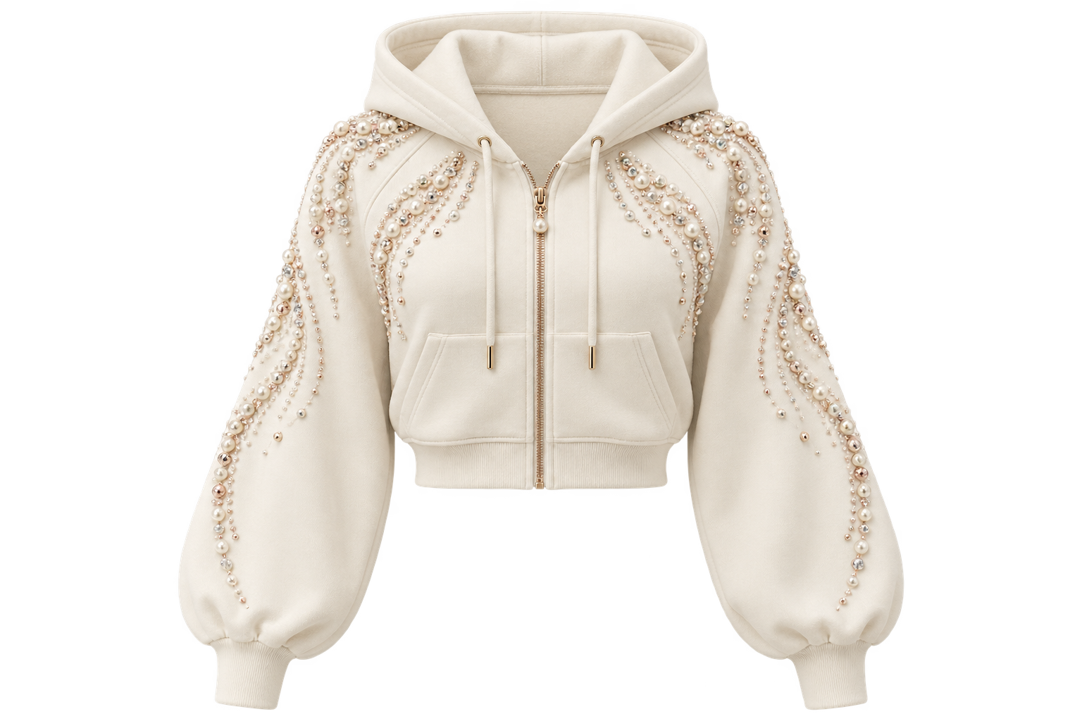 AI placeholder: women’s pearl-and-crystal cropped zip hoodie sweatshirt on a transparent background