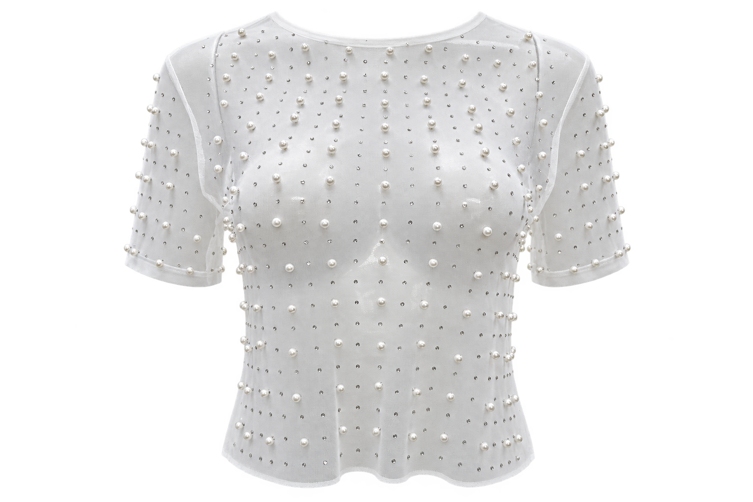 White pearl and rhinestone women’s top on a transparent background