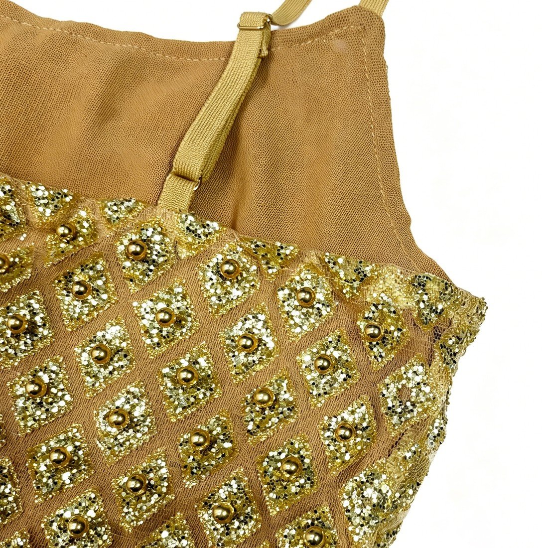 Clear close-up of gold bead and sequin placement