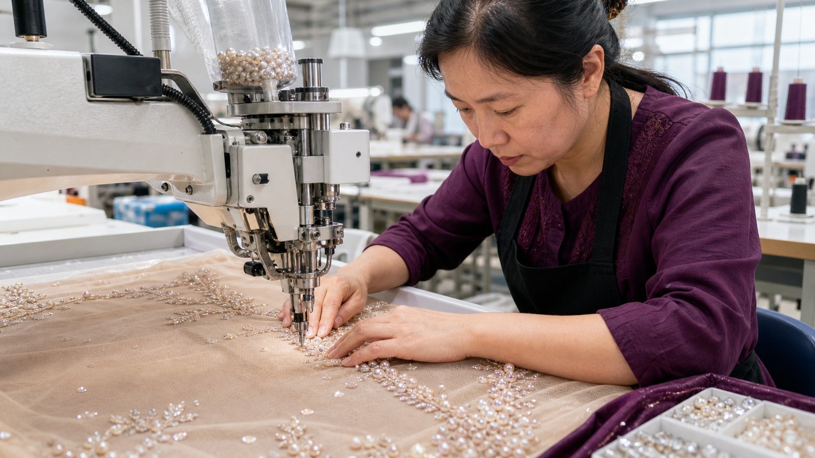 AI placeholder: clear bead application process in a women’s garment factory