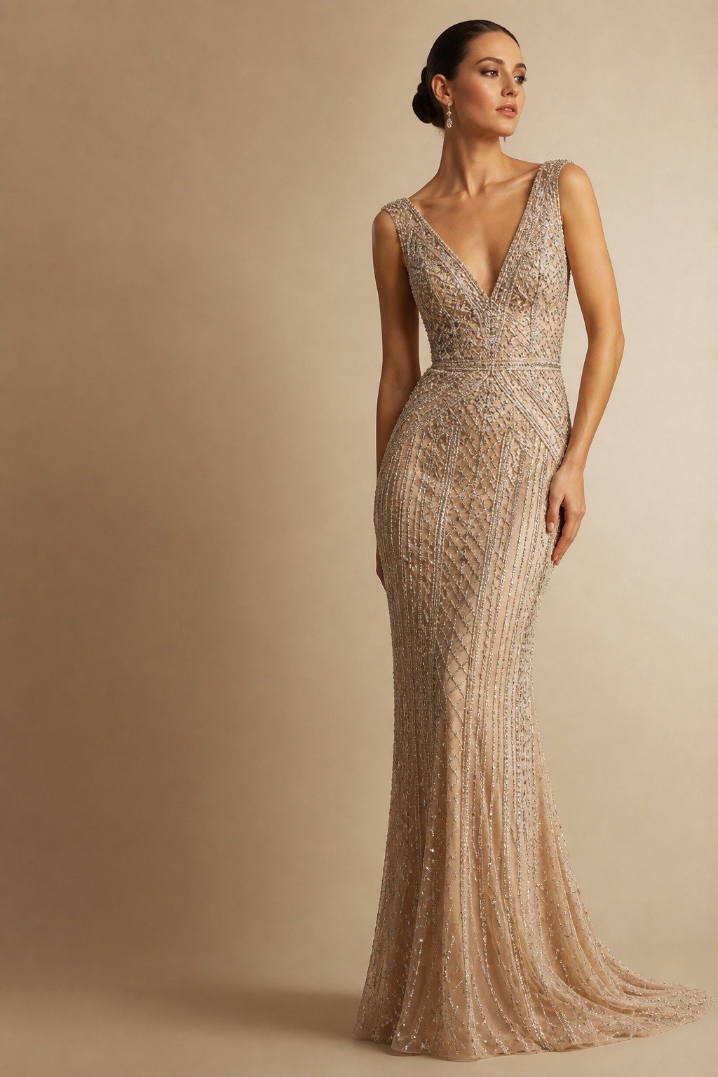 AI placeholder: premium champagne crystal-beaded women’s evening dress